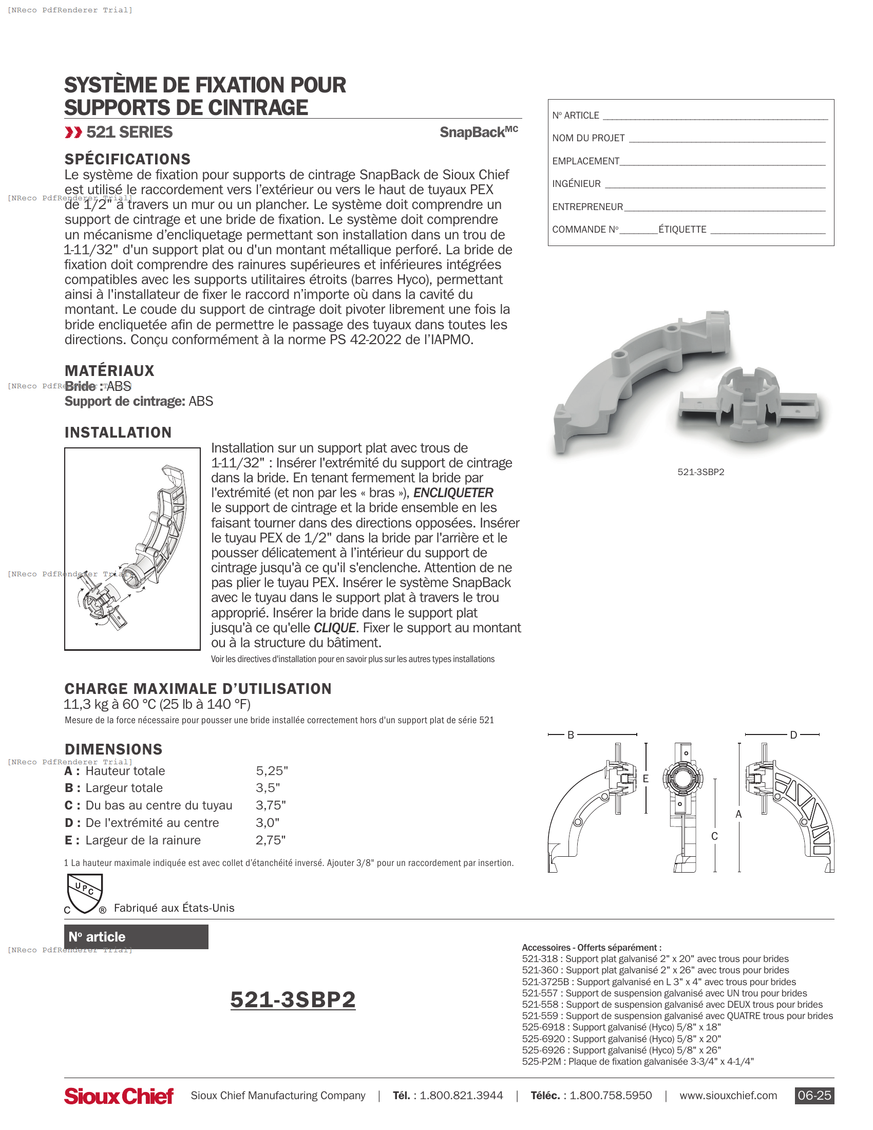 521-3SBP2 - SNAPBACK BEND SUPPORT BRACKETING SYSTEM - SPEC SHEET_FRENCH.PDF Specification Document